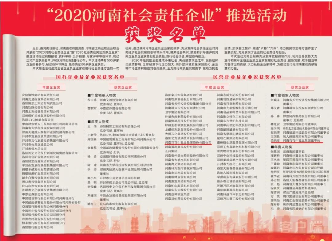榮譽 | 花花牛乳業(yè)集團(tuán)斬獲“2020河南社會責(zé)任企業(yè)”推選活動兩項大獎